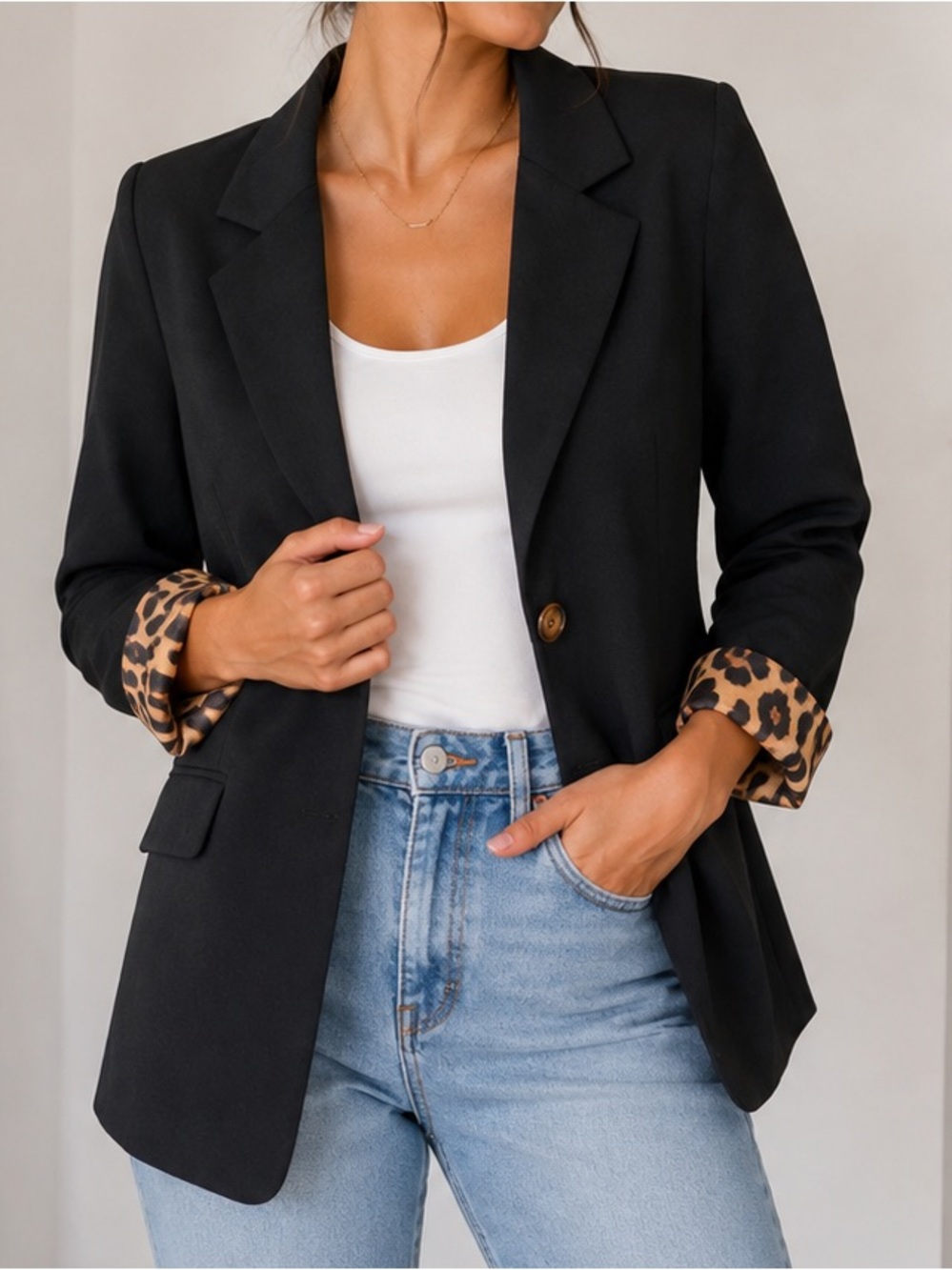 JODIFL Black Blazer with Leopard-Print Cuff